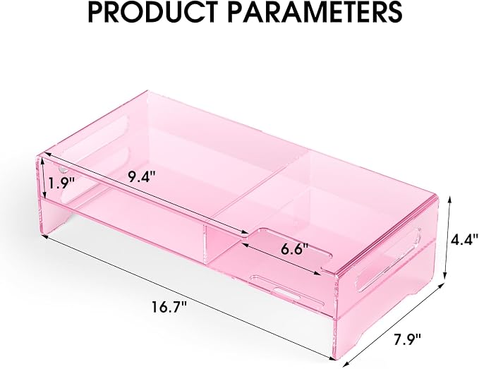 Pink Acrylic Monitor Riser, 2-Tier Desk Computer Stand With Storage & Phone Holder | Clear Computer Monitor Stand for Desk,Handheld Function Easy Mobility,16 in Wide for Laptop, Printer,Screen,Desktop Organizer - Image 7