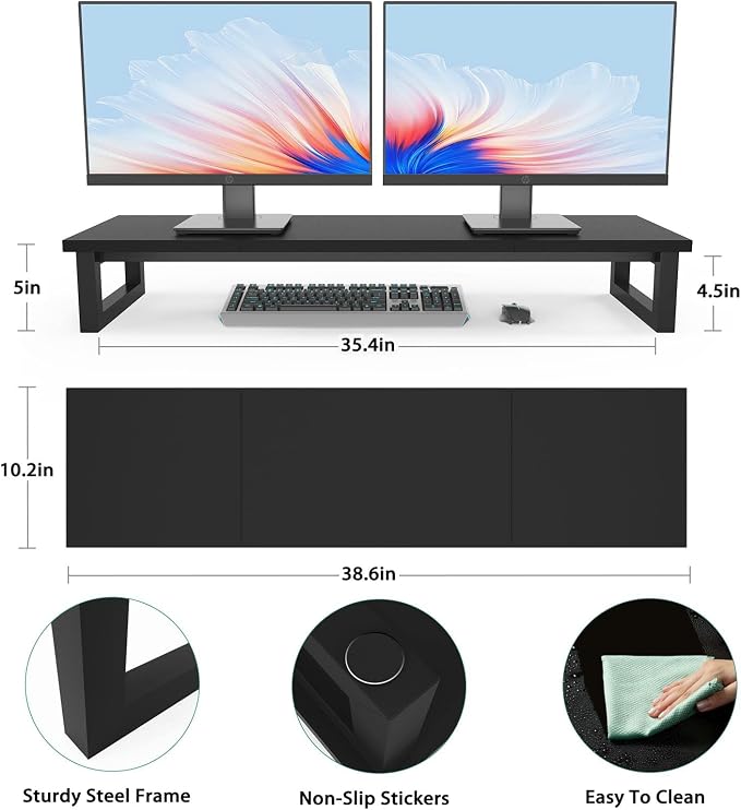 YAOHUOO Dual Monitor Stand Riser, 39Inch Large Monitor Stands for 2 Monitors, Computer Monitor Stand, Wooden Desktop Oraganizer Shelf for Office Desk Computer,Laptop,TV - Image 7