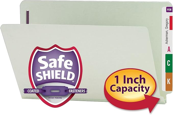 Smead End Tab Pressboard Fastener File Folder with SafeSHIELD Fasteners, 2 Fasteners, 1" Expansion, Legal Size, Gray/Green, 25 per Box (37705) - Image 6
