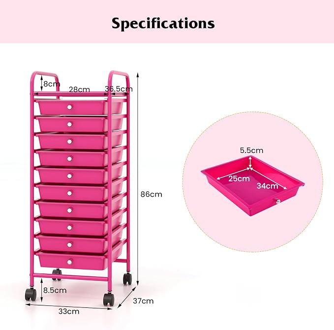 Storage Cart, Rolling Utility Cart with 10 Drawers, Portable Handles & Lockable Wheels, Mobile Paper Toys Storage Organizer Large Capacity for Home Office School Teacher (Hot Pink) - Image 9