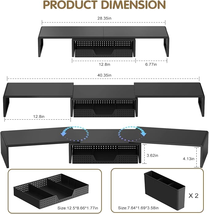 LEKETREE Dual Monitor Stand Riser with Drawer, Desk Organizer and Accessories, Monitor Stand for Desk, Desktop Stand for Computer, Laptop, TV and More (Black) - Image 7