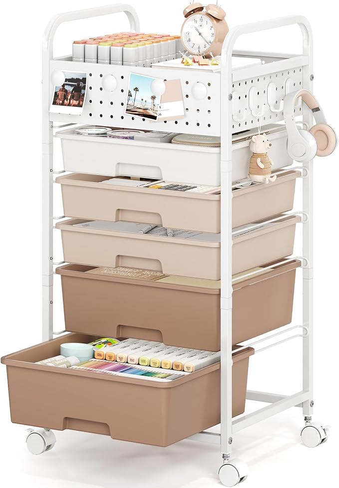5 Drawer Rolling Storage Cart with Pegboard Top and Hooks, Brown | Mobile Organizer Cart with Wheels for Office Supplies, Craft Storage, Classroom Organization, Home Utility Cart - Image 9