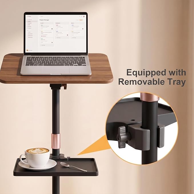 2 in 1 Dual-use Music Stand & Desktop Book Stand, Adjustable Height 16.5"-51", 100% Solid Wood Laptop Floor Stand Book Holder with Elastic Page Clips for Cookbooks (Brown with Tray and Wheels) - Image 9
