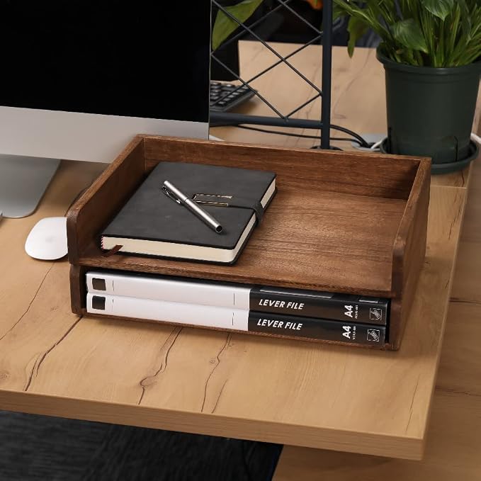 DDYURI Desktop File Trays Stackable Paper Tray for Letter/A4 Size Magazine - Wood Office Document Organizer Shelf - Wooden Folder Organization Rack Desk Tray Pack of 2 Dark(2CTP-DK) - Image 8