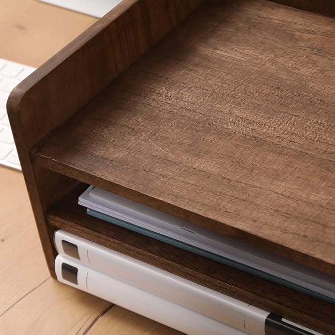 DDYURI Desk Organizer for File Folder Storage with 3 Paper Letter Tray &1 Vertical Compartment- Wood Office Desktop Document Organizer Rack - Filing Folder Mail Sorter Desk accessories Dark WJJ3K-DK - Image 6