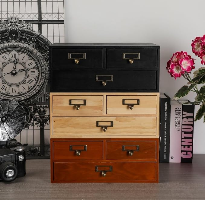 Wooden Drawers Apothecary Cabinet Brown Wood Desktop Organizer Box | Vintage Wooden Storage Box for Apothecary Drawers, Countertop Organizer with Drawer for Library Card Catalog Cabinet - Image 7