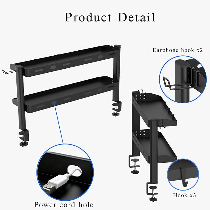 Clamp on Desk Shelf, 24in 2-Tier Office Desk Shelves Organizer, Shelf for Top of Desk with Headphone Holder and Hooks, Desktop Storage Rack for Home Workspace, Study Rooms, Gaming Accessories - Image 7