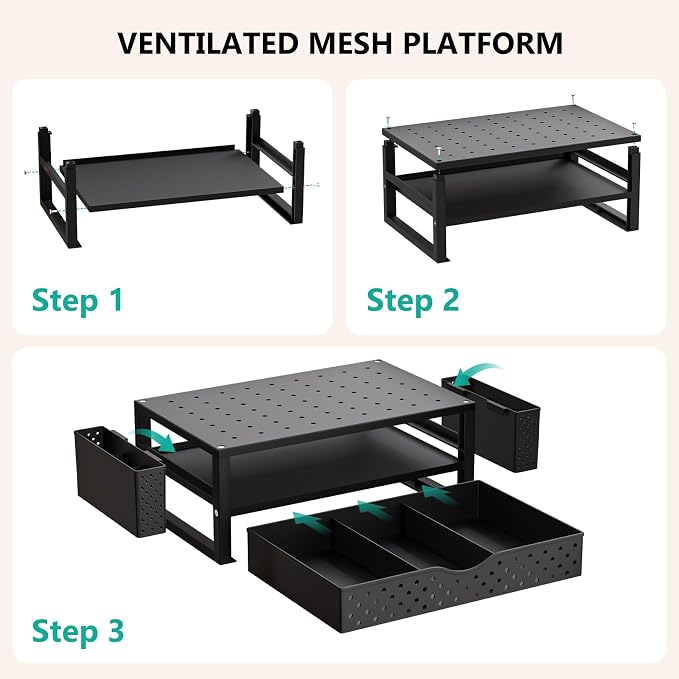 WALI Monitor Stand Riser with Drawer and 2 Pen Holders, Desk Organizers and Accessories for Computer, Printer, Laptop Stand for Home Office Supplies, (PTT004-B), 1 Pack, Black - Image 9