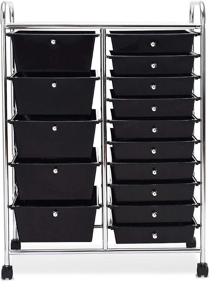COSTWAY 15 Drawer Rolling Storage Cart, Mobile Utility Cart with Lockable Wheels, Drawers, Multipurpose Organizer Cart for Home, Office, School, Black - Image 15