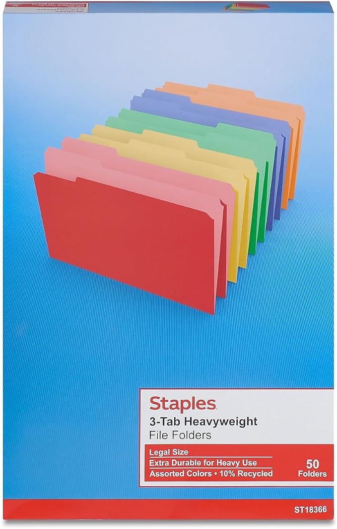 Staples Heavyweight File Folders, Legal Size, 3‑Tab, Assorted Colors, Durable Paper Stock, 50/Box - Image 5