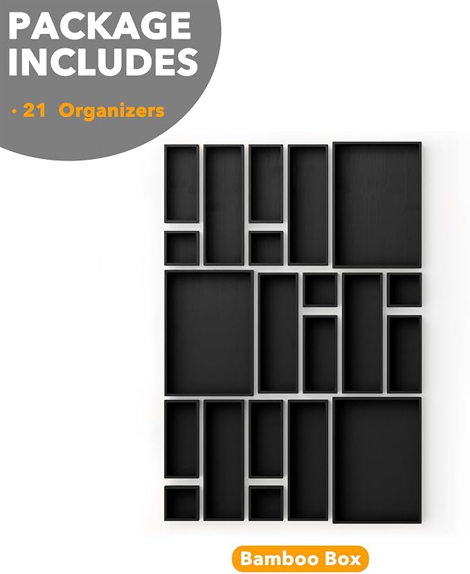 SpaceAid 21-Piece Bamboo Drawer Organizer Storage Boxes Set, Wood Tray Junk Drawer Organizers Multi-Use Divider Bins for Kitchen, Bathroom, Office Desk and Makeup Organization (21 Pack, Black) - Image 6