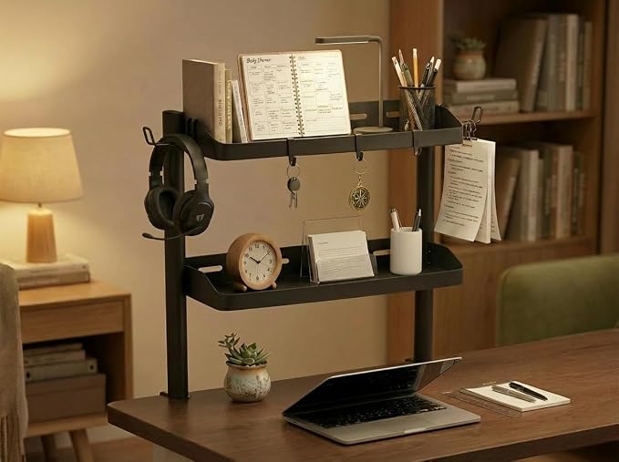 Clamp on Desk Shelf, 17in 2-Tier Office Desk Shelves Organizer, Small Shelf for Top of Desk with Headphone Holder and Hooks, Desktop Storage Rack for Home Workspace, Study Rooms, Gaming Accessories - Image 10