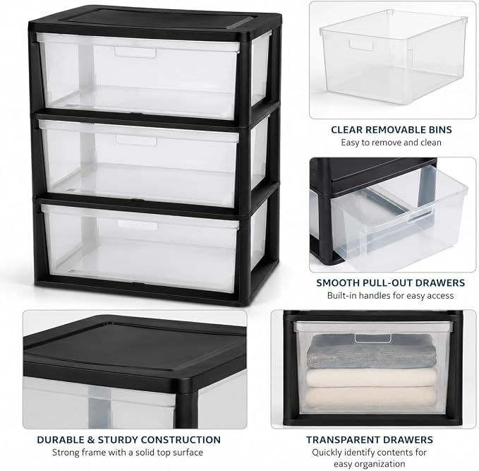3-Drawer Storage Tower, Plastic Organizer with Clear Removable Bins, Black - Image 6
