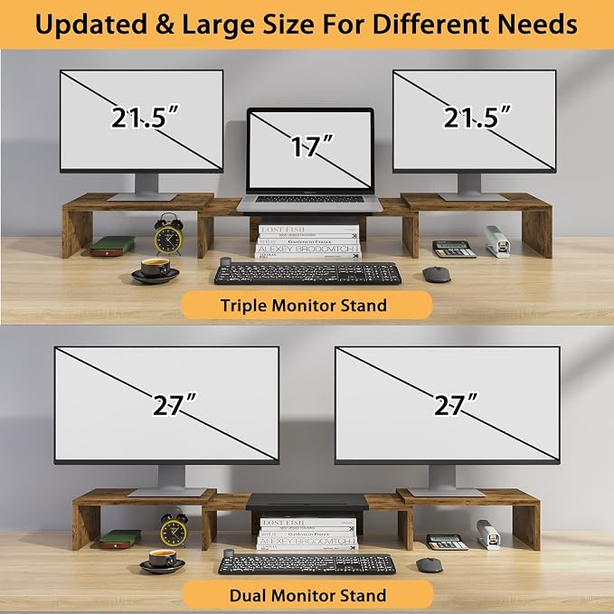 WESTREE Triple Dual Monitor Stand Riser, Extra Long Monitor Stand for 1~2~3 Monitors, Monitor Stand with Length and Angle Adjustable, 3 Shelf Desktop Storage Riser for Monitor Computer Screen Laptop - Image 7