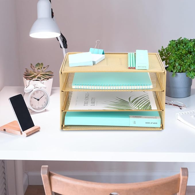 Paper Organizer Tray, 3 Tier Mesh Desk File Organizer Letter Sorter Holder for Home Office, Gold - Image 7