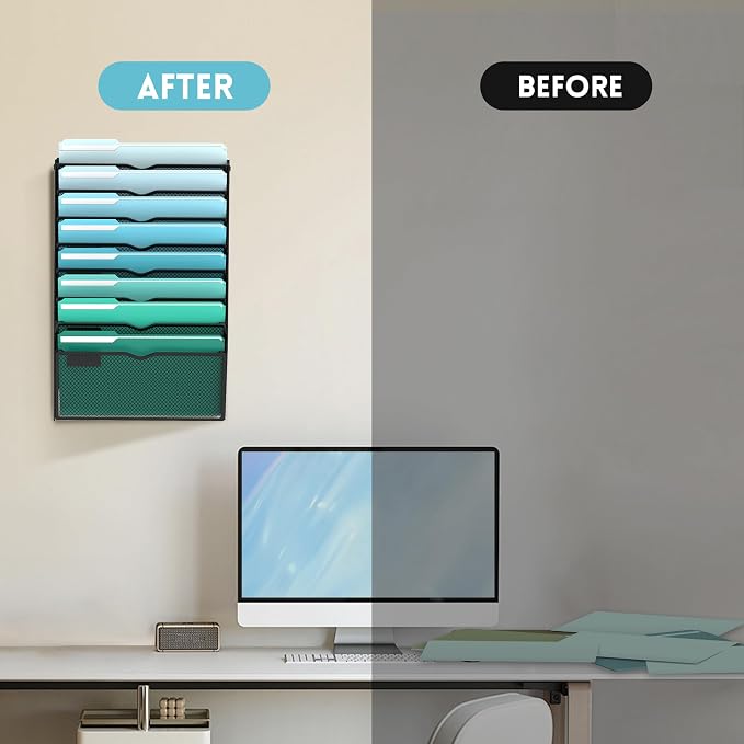 8-Tier Wall File Organizer, Hanging File Holder, Wall Mounted Mail Sorter | Metal Mesh Hanging File Organizer with Open Compartments and Label Panels for Papers and Folders at Home, Office or School - Image 7