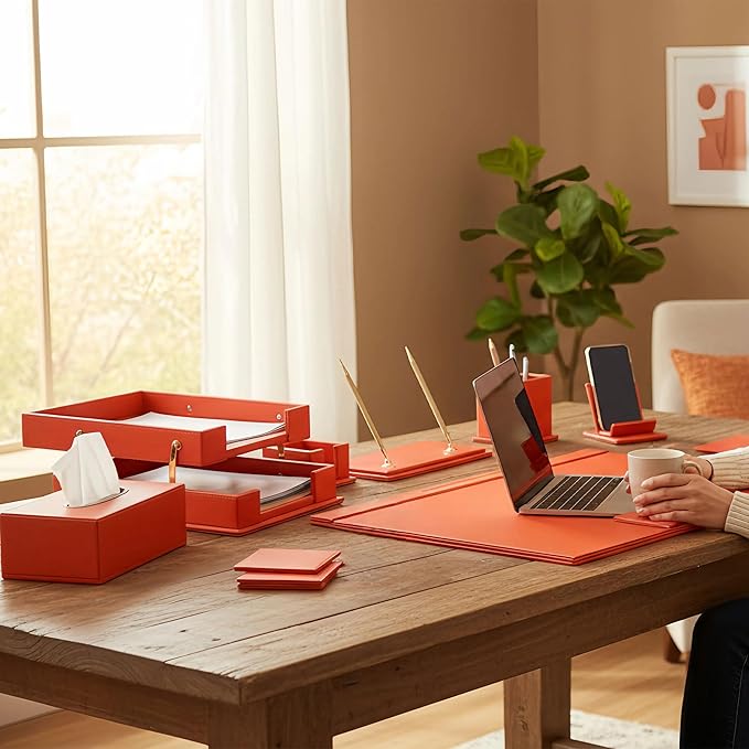 Desk Set, 11-Piece All-in-One – Executive Desk Accessories & Office Supplies, Leather Desk Organizer with Desk Pad, 2-Tier Letter Tray, Luxury Office Desk Decor & Boss Gifts (Orange)