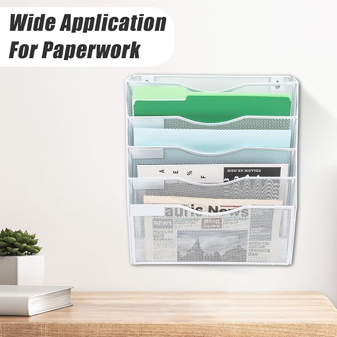 5 Pocket Mesh Hanging Wall File Organizer, Wall Mounted Mail Paper Document Folder Holder, Clipboard Storage Organization Magazine Rack with Nametag Label for Office Home School, White - Image 7