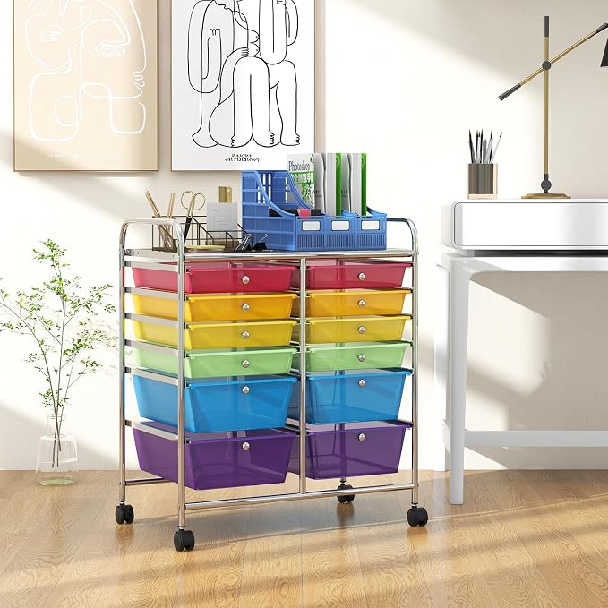 GOFLAME 12-Drawer Rolling Storage Cart, Multipurpose Organizer Cart with 2 Sizes Plastic Drawers, Mobile Utility Cart with Lockable Casters for School, Home Office, Beauty Salon, Rainbow - Image 9