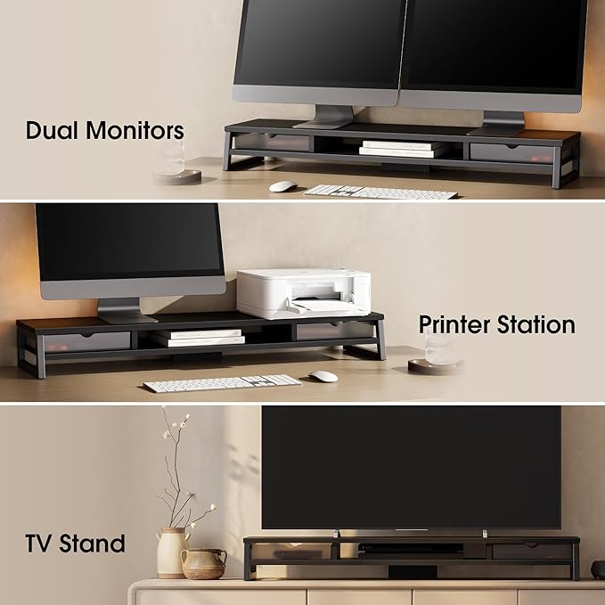 Fenge Dual Monitor Stand Riser, 42.5in Desk Shelf with 2 Drawers, Black | 2-Tier Monitor Shelf for Desk, Storage Drawer with Stopper, Frosted, fit Home Office, Ultrawide Screen, PC, Laptop, TV - Image 8