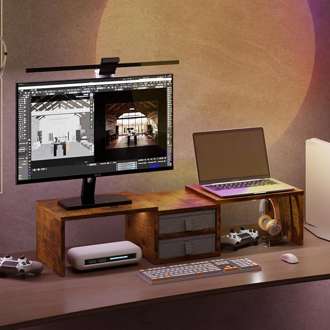 TEAMIX Dual Monitor Stand Riser with 2 Drawers - Length and Angle Adjustable 3 Shelf Monitor Riser with Storage Desk Organizer Large Monitor Stand for 2 Monitors/Laptop/PC,Screen/TV Stand Riser - Image 7