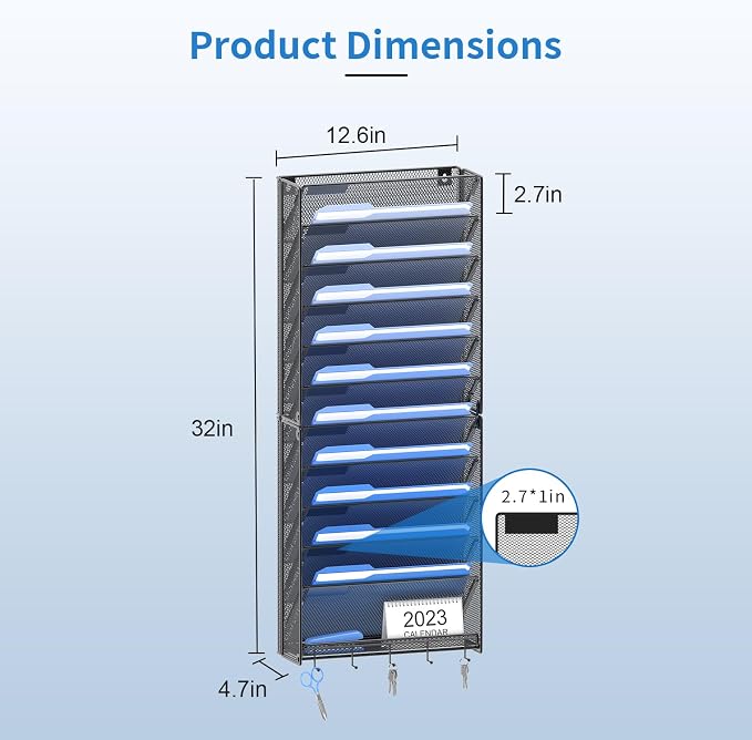 OUTWOLF Hanging Wall File Organizer with Hooks, 12 Tier Vertical Wall Mount File Holder, File Folder Wall Organizer for Office - Image 6