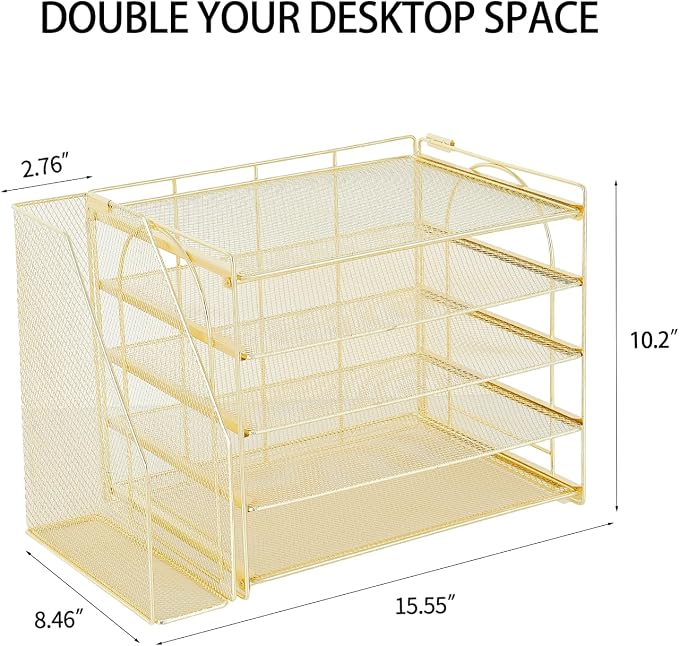 AUPSEN Gold Desk Organizers and Accessories, 5-Tier Desktop Paper File Organizer with Removable File Holder, Desk Accessories & Workspace Organization for Home Office Supplies (Gold) - Image 7