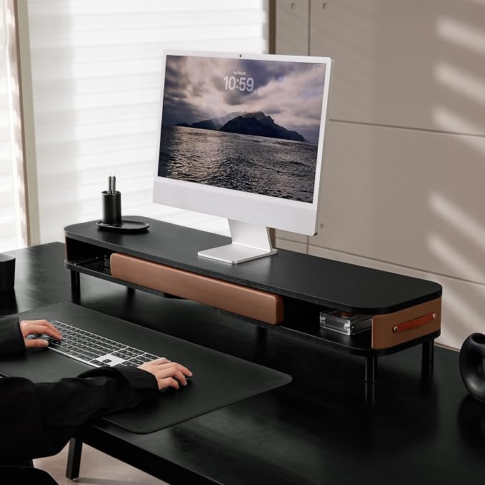Fenge Dual Monitor Stand with Large Storage Drawer, 42.5" Dsek Shelf, Black | Slide-Out Drawer with Soft Touch Leather, Ergonomic Monitor Riser, Aluminum leg, 2-Tier Desk Organizer for Laptop, TV, PC - Image 8