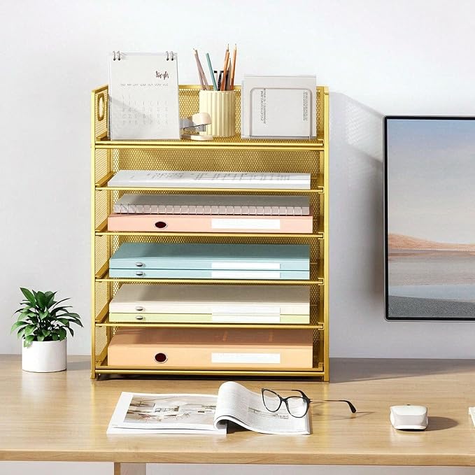 6 Trays Paper Organizer with Handle - Mesh Desk File/Letter Paper Sorter Organizer for Office, Home or School (Gold) - Image 7