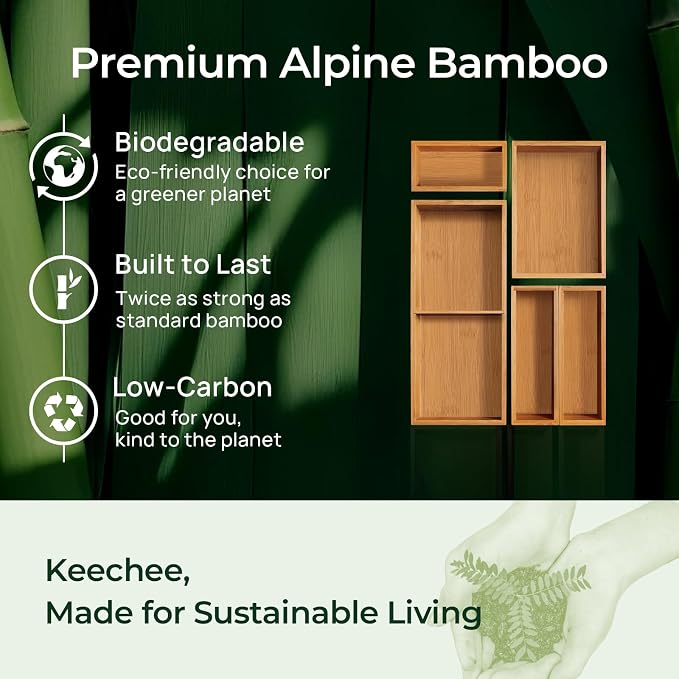 keechee 5-Piece Bamboo Drawer Organizer Set, 2.2" Deep Multi-Use Organizers for Utensils, Silverware, Cutlery, Desk, Bathroom, Junk Drawer & Makeup, Non-Slip Feet Included. - Image 9