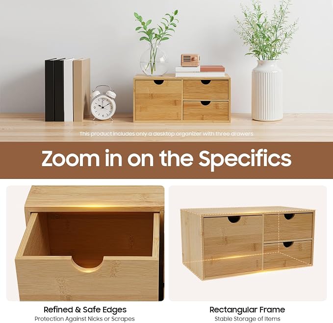 Ringmaster Bamboo Desk Organizer with 3 Drawers,Mini Desktop Organizer Drawer Tabletop Storage Organization Box for Office Home Supplies - Image 9