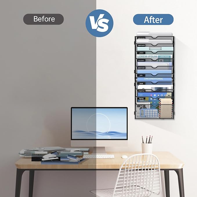 10 Tier Wall File Organizer Office Hanging Mail Holder Wall Mounted, Mesh Paper Document Organizer for Office Home School, Black | Wall Organizer and Wall Mounted File Holder with 10 Pockets and Label Panels for Files, Mail, Folders, Magazines and Paper - Image 8