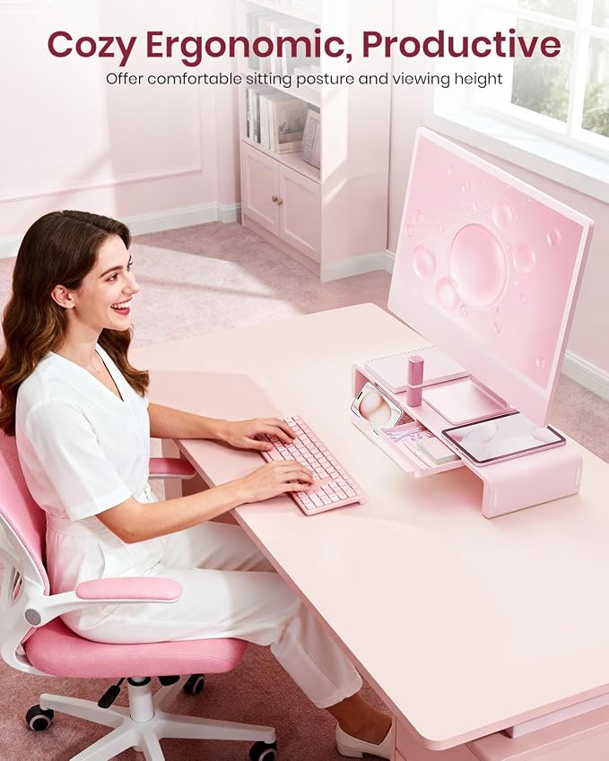 Pink Monitor Stand Riser, Klearlook Foldable, Height Adjustable Computer Stand, Desk Shelf Riser with Storage Drawer &Tablet Phone Stand for Desktop, Laptop - Image 7