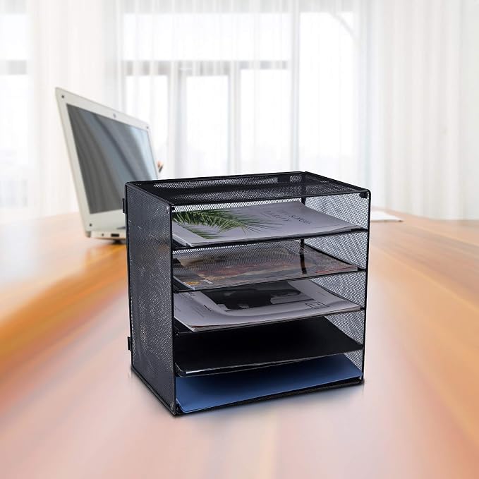 5 Slot Mesh Desk Organizer Tray, File Paper Letter Folder Holder Desktop Paper Sorter Mail Organization Rack Storage Accessories, for Office Home School Classroom, Black, 2 Pack - Image 8