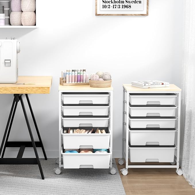 SYKIARIOL Rolling Cart with Drawers, 5 Drawers Utility Cart, Bright White | 5-Tiers Storage Cart with Drawers with Wooden Top for Craft Organizers and Storage,Home Office,Classroom,Dorm - Image 9
