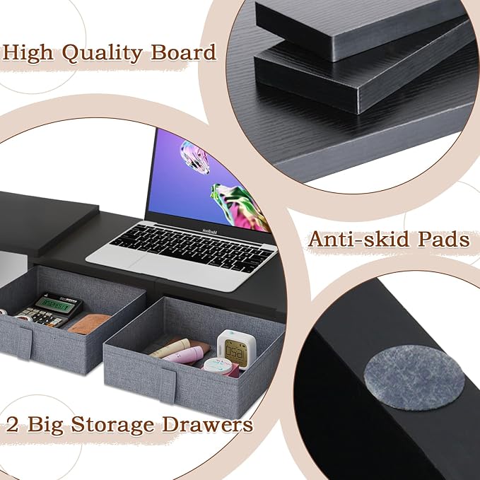 TEAMIX Wood Dual Monitor Stand Riser with Drawers-Length and Angle Adjustable Triple Monitor Stand with Storage Large Computer Riser for 2/3 Monitors/Laptops/PC/Printers - Image 5