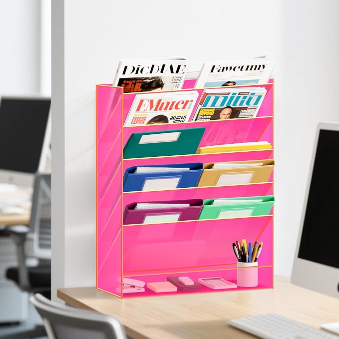 Gelite Hanging File Organizer Acrylic Wall File Holder for Office Vertical Paper Organizer Wall Mounted Magazine Rack, 5 Pockets, Neon Pink - Image 8