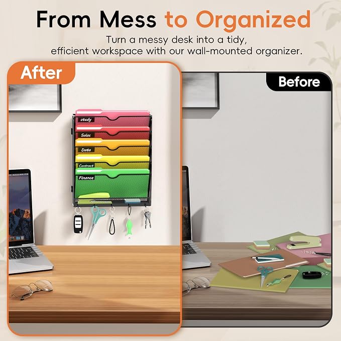 6-Tier Wall File Organizer with Hook, Hanging File Organizer Black | Wall-mounted mail storage holds papers, folders, files, clipboards and magazines, assembly required for office or home use. - Image 6
