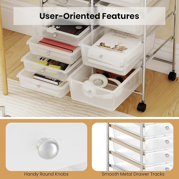 Giantex 15 Drawer Rolling Cart with Drawers, Storage Organizer Cart for Classroom Office School Teacher, Mobile Drawer Cart for Tools, Crafts, Small Printer, Clear - Image 9