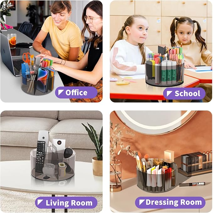 Mefirt Acrylic Pen Organizer, 360 Degree Rotating Desk Organizer with 6 Compartments Crayon Holder for Office, School, Home, Art Supply, Grey - Image 9