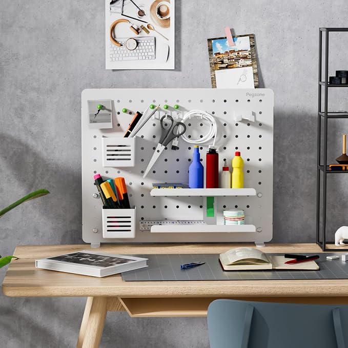 Clamp on Desk Pegboard, 20.4" x 16.5", with 15 Accessories, White | Magnetic Metal Peg Board, Desk Organizer for Office Gaming Home, Privacy Panel, Large - Image 7