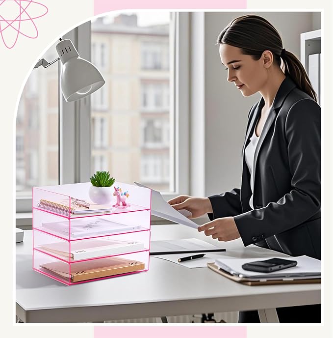 Harloon 4 Tier Paper Organizer Letter Tray Pink Acrylic Desk File Organizer Heavy Duty Stackable Documents Clear Letter Paper Holder Office Tray for A4, Office Classroom Home File Pad Notebooks - Image 7