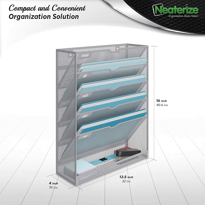 NEATERIZE Item Container, Mail Organizer for Wall, Mesh Hanging File Organizer, For Papers, Folders, Files Clipboard & Magazine Organization - Home, Office Classroom, Metal, Paper, Gray - Image 6