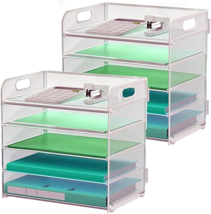 2 Pack Letter Tray 5-Tier Desk Organizer File Paper Holder with Handle, Metal Desktop Document Shelf Tray Office Classroom Organization - Silver by Sinboun