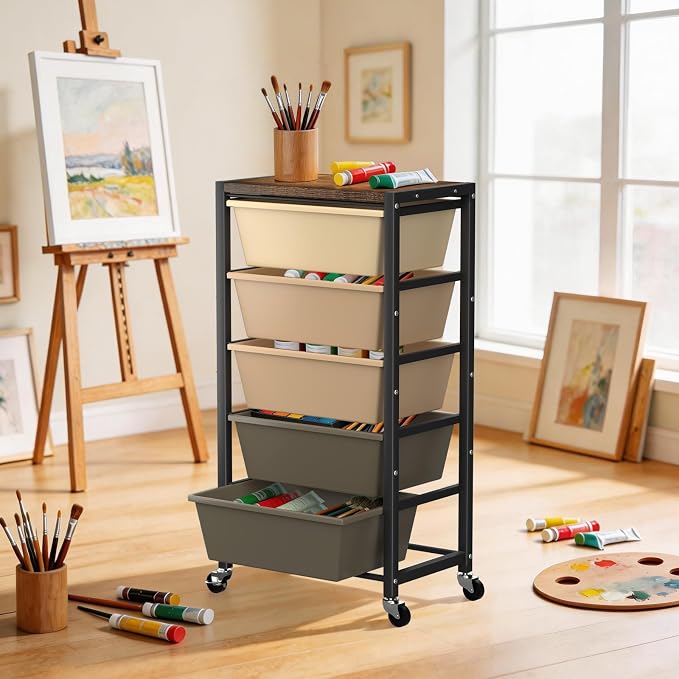 Rolling Cart with 5 Drawers, Plastic Drawer Storage Carts with Wheels & Wooden Tabletop, Metal Utility Cart for Office Bedroom Living Room Classroom, Craft Organization and Storage, Brown - Image 7