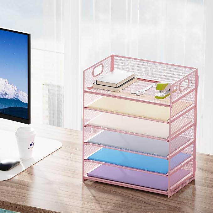 Marbrasse 2 Pack Desk Organizer with Handle, 6 Tier Paper Letter Tray, Mesh Desk File Organizer for Office, School and Home - Pink - Image 6
