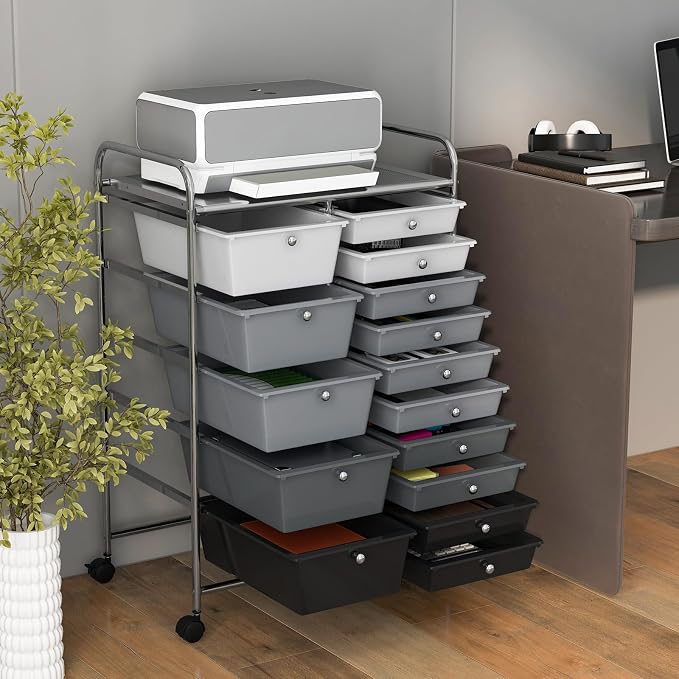 Moccha 15-Drawer Rolling Storage Cart - Under Desk Storage Drawers with wheels for Craft Art Supply Paper Salon, Scrapbook Paper Tools, Mobile Utility Cart for Classroom (15 Drawers, Gradient Grey) - Image 9