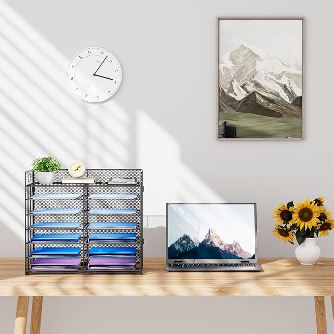 Lavatino 7 Tier Paper Organizer for Desk, Mesh Literature Organizer, Mail File Sorter Tray with Handle, Desktop Mailbox for Office Classroom Home, Black - Image 6