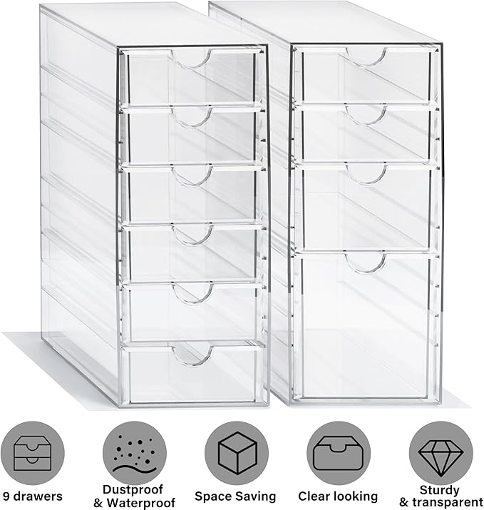 Prsildan Hair Accessories Organizer Acrylic Drawer with 10 Drawers | Clear, Craft Art Supply Storage, For Office Desk Bathroom Vanity Countertop, Set of 2 - Image 9