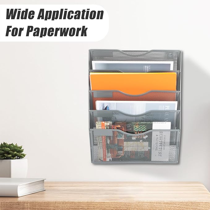 5 Pocket Mesh Hanging Wall File Organizer, Wall Mounted Mail Paper Document Folder Holder, Clipboard Storage Organization Magazine Rack with Nametag Label for Office Home School, Gray - Image 7